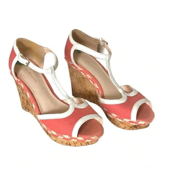 TOMMY HILFIGER | Women’s Dacey Coral Canvas Sandals Peep Toe Cork Wedge Size 8 - Picture 4 of 9
